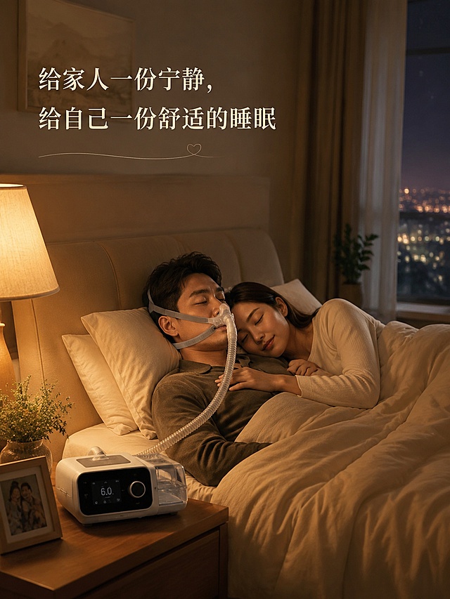 温馨卧室场景，夜晚柔和暖光，情侣卧室中，家人安静睡眠，呼吸机放在床边，整体氛围宁静温馨，配文案“给家人一份宁静，给自己一份舒适的睡眠”，暖调温馨风格