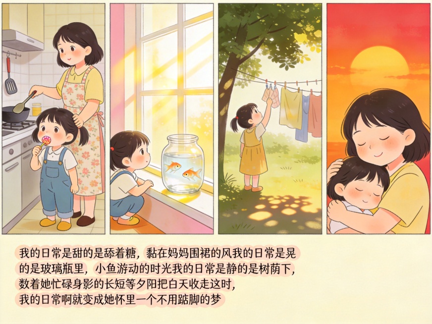 童趣卡通风格温馨日常场景，适合幼儿园使用，小朋友舔着糖黏在妈妈围裙边，玻璃瓶里小鱼在游动，树荫下小朋友数着妈妈忙碌的身影，夕阳西下，小朋友窝在妈妈怀里做甜甜的梦，整体氛围温暖治愈，充满童真，呼应童诗《预览效果