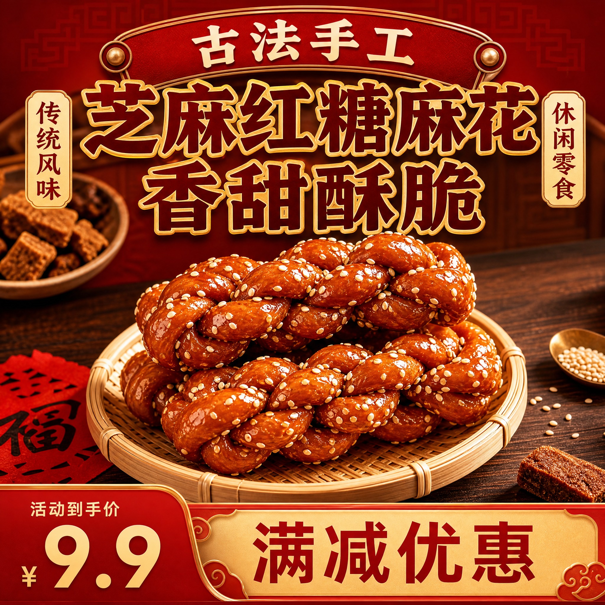 [单张主图] 古法手工芝麻红糖麻花 爆款促销感主图 淘宝1:1… - 图片创意预览