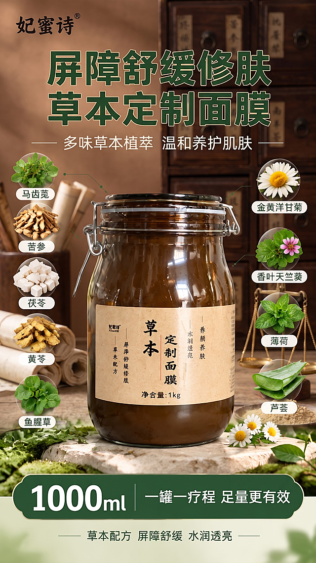 9味改成多味，屏障舒缓修肤草本面膜改成屏障舒缓修肤草本定制面膜，背景改成偏中药风格。