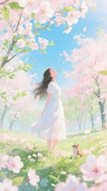 盛开的樱花林，一个穿着白色裙子的长发女生仰头看着天空，小动物在花丛中探出头。色彩以浅粉、嫩绿和天蓝为主，柔焦光效，清新甜美的春日氛围。预览效果