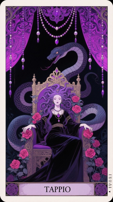 穆夏风格的塔罗牌封面插画，哥特风，画面中美杜莎坐在王座上，玫瑰花装饰，背景隐约可见造型夸张的凶猛巨蛇轮廓，整体色调偏暗，以暗色、亮紫色为主，画面顶部垂下来亮紫色和暗紫色复古纹饰与东珠结合的珠链，奇幻花预览效果