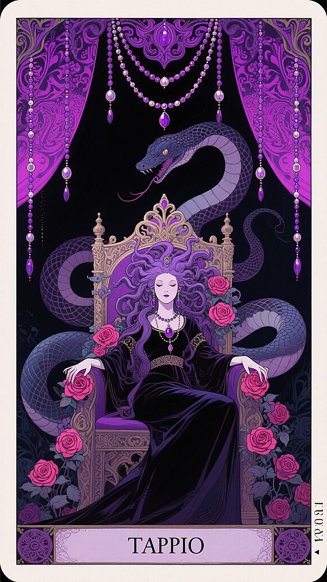 这是一幅穆夏风格的塔罗牌封面插画。哥特风，画面中美杜莎坐在王座上，背景还隐约可见造型夸张的巨蛇轮廓，凶猛，增添了画面的奇幻与神秘氛围。整体色调偏暗，以暗色、亮紫色为主，画面顶部垂下来亮紫色和暗紫色复古纹饰和东珠结合的珠链，奇幻的花纹，营造出一种神秘、奇幻又带有梦幻风格的氛围，可能受到哥特、奇幻等多种风格的影响