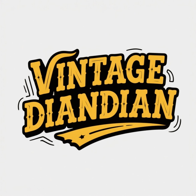 美式复古字体 logo 设计，纯白色背景，美式手绘风格的英文单词“VINTAGE”和“DIANDIAN”以创意方式相互融合，字母变形，动感有趣，呈现浓烈的西部风格，文字主体是黄色，轮廓是黑边，文字周围预览效果