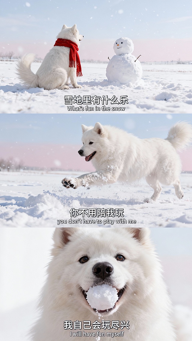 胶片风实景拍摄，拟人化叙事，漫画式分镜展现冬日趣味，清新温馨中透出可爱与童趣，雪地场景洋溢节日氛围。