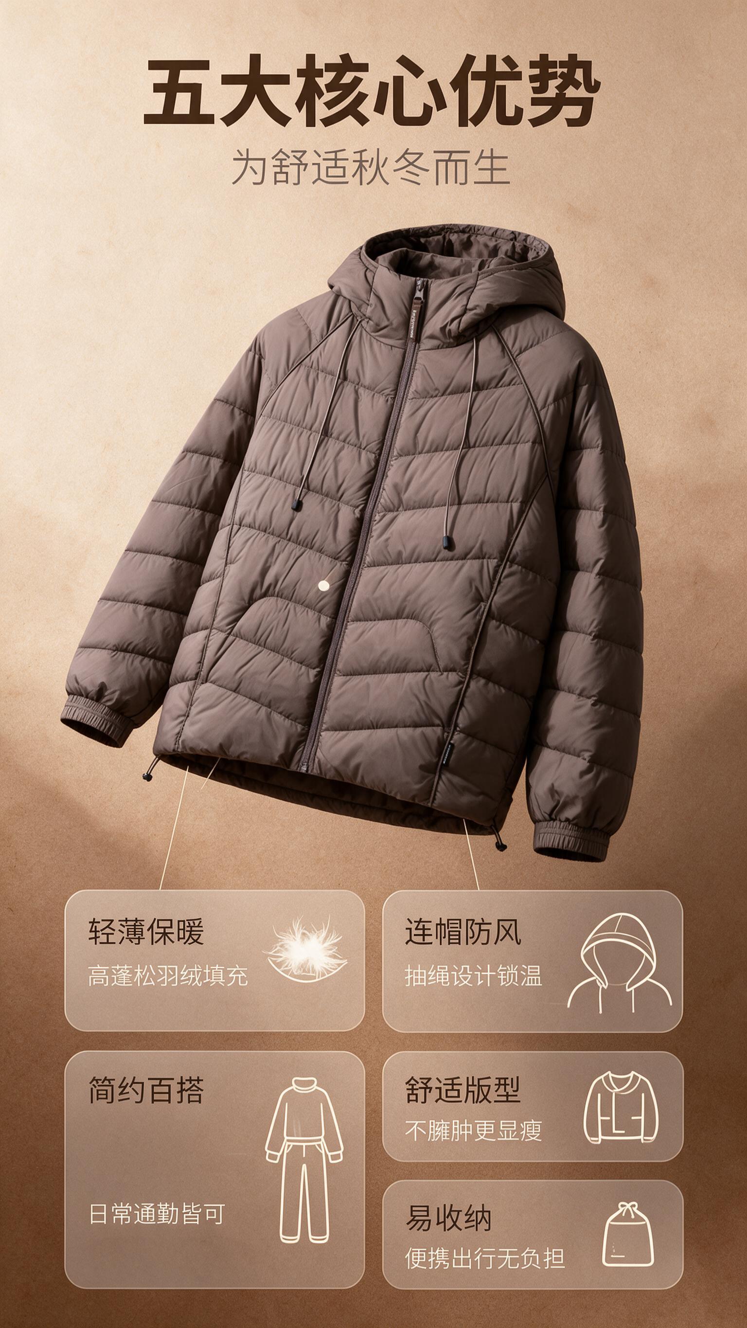 [商品] 使用【图1】咖色男士轻薄连帽羽绒服；商品处理：保留连… - 图片创意预览