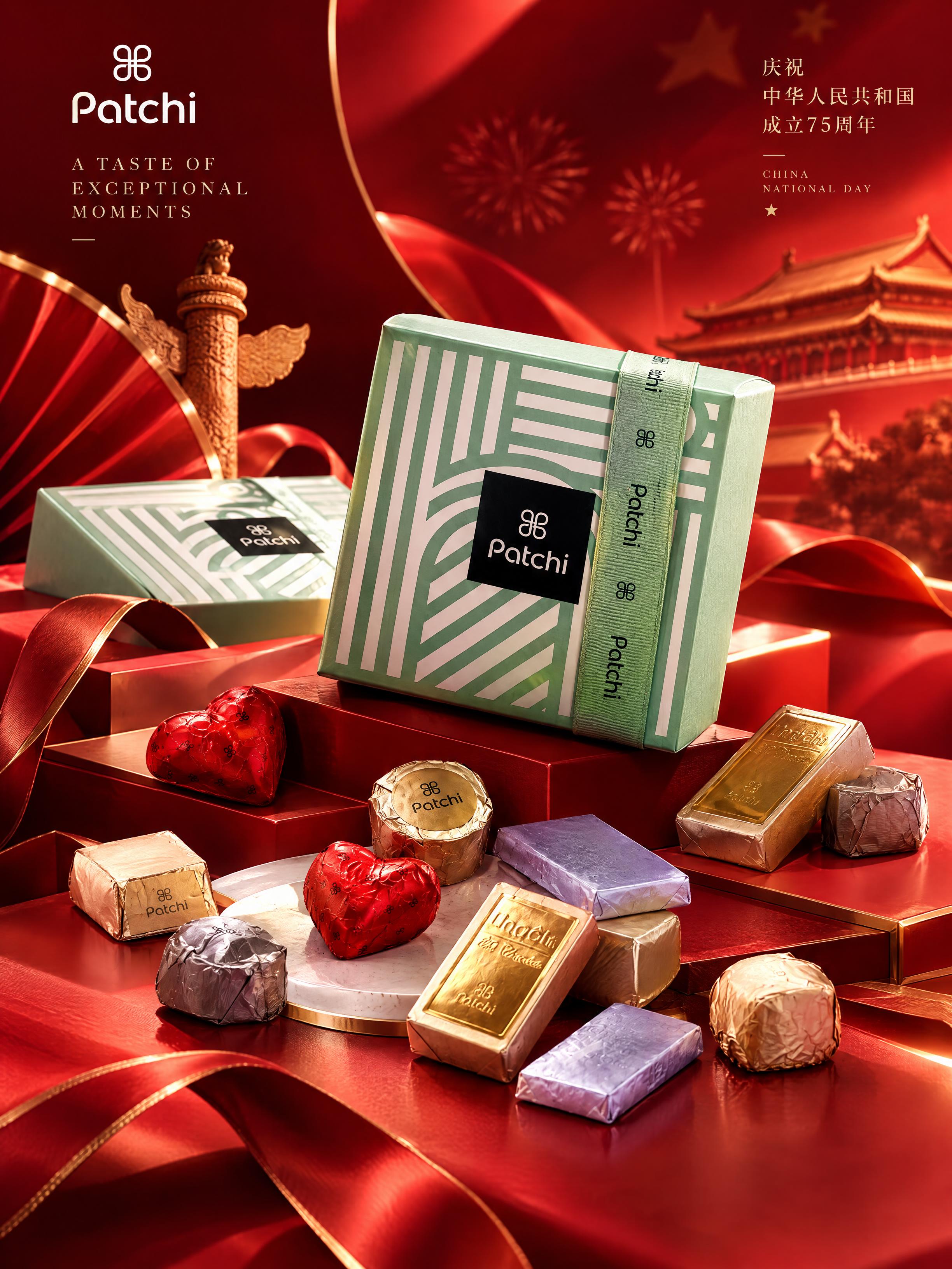 高端商业产品海报，主体是Patchi巧克力礼盒与多款巧克力，参… - 图片创意预览
