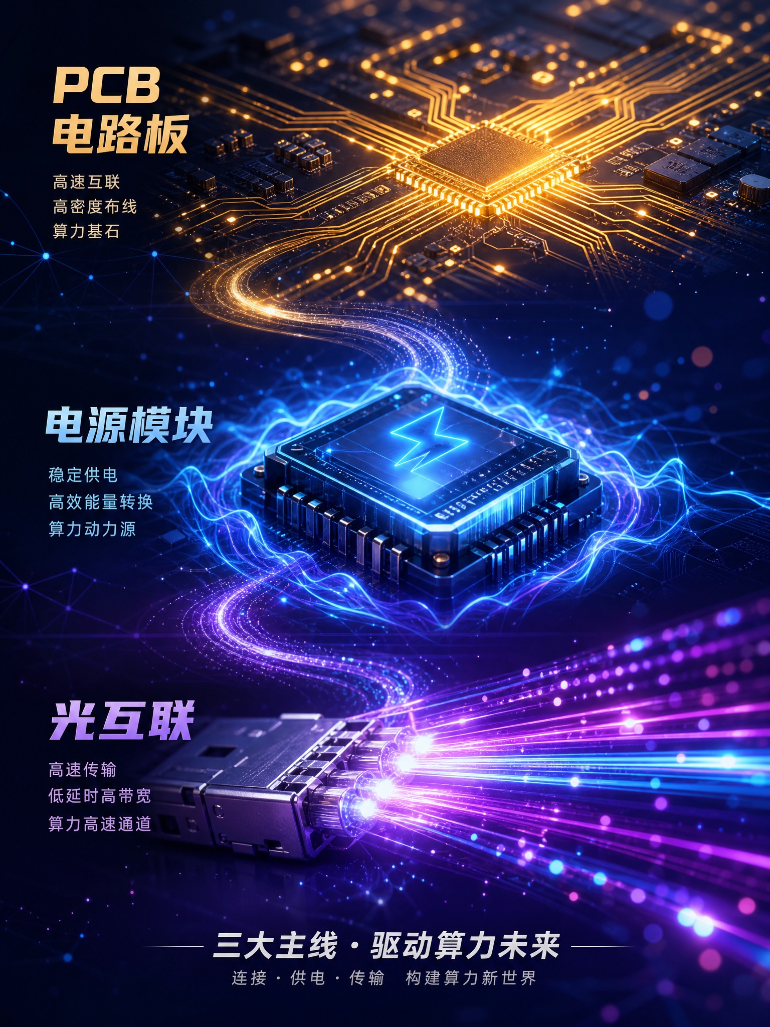 竖版科技感封面图，主题为算力硬件三大主线：PCB电路板、电源模… - 图片创意预览