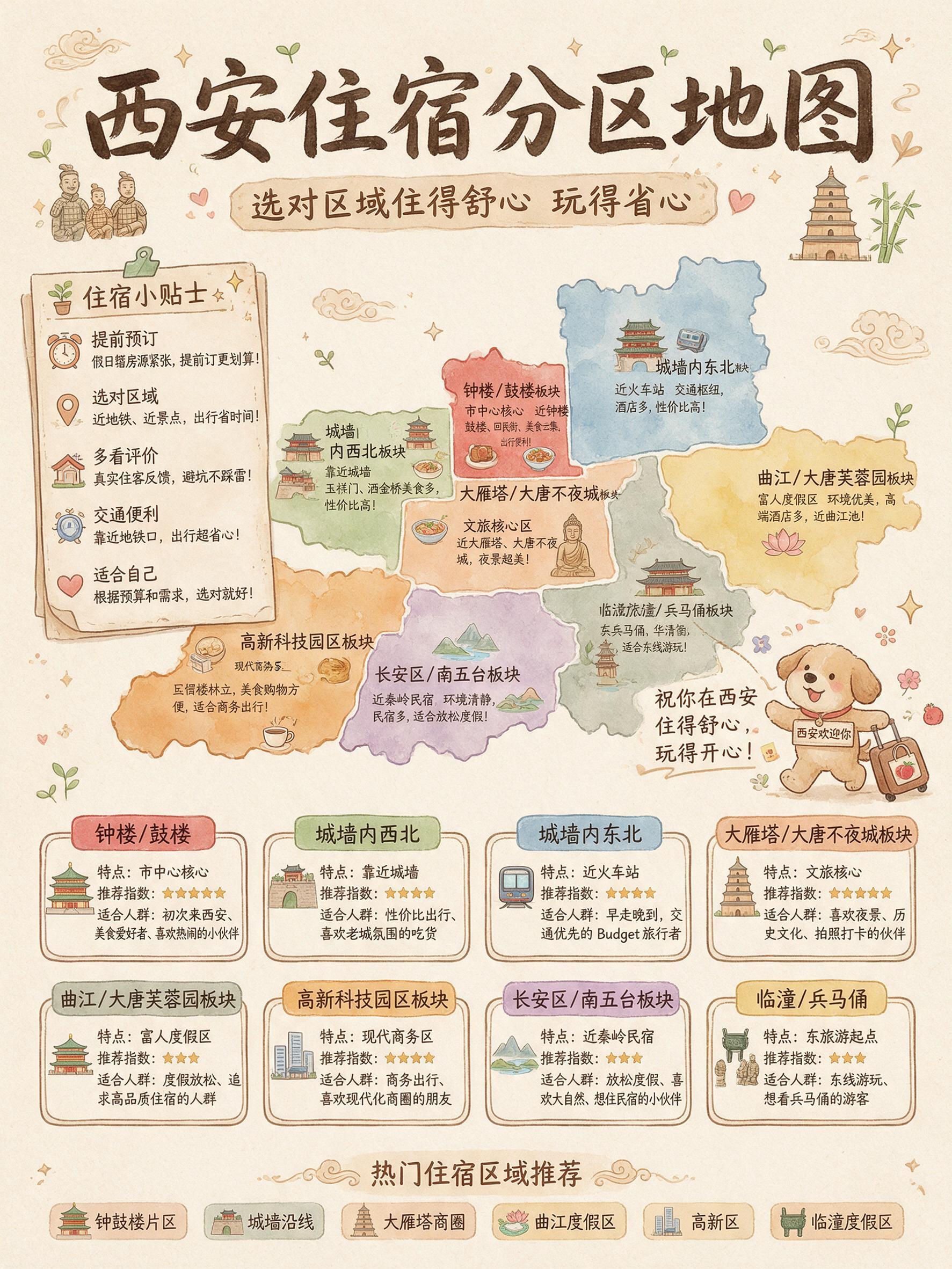 手绘水彩卡通风格的西安住宿分区地图海报，竖版构图，米黄色暖色调… - 图片创意预览