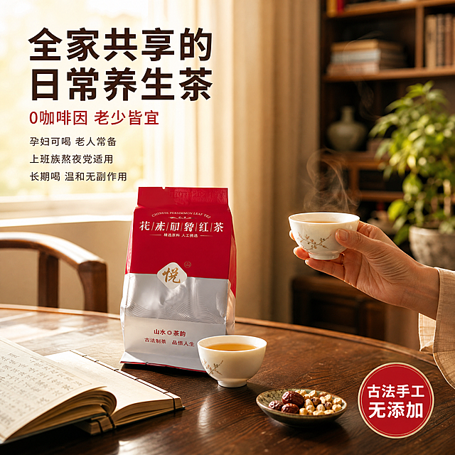 [主图-4] 柿子叶茶生活场景图 全家共享日常养生。
[氛围风格] 温馨居家生活方式，自然惬意，代入感强；
[画质] 商业摄影质感、光线柔和通透、产品清晰真实、画面干净高级。
[元素] 温馨中式客厅一角，深木色茶几上摆放着产品包装袋、两只白瓷茶杯，杯中金黄茶汤冒着热气；茶几上还有一本翻开的线装书、一小碟干果；窗边透进暖金色午后阳光，窗帘半拉，背景是虚化的中式书架与绿植。画面右侧露出一只中老年女性的手（仅手部局部）正端起茶杯，手指自然放松，茶杯稳稳托在掌心。**保持产品包装袋外观（即物理结构、材质质感、红银配色、袋型、文字排版位置）与输入产品图一致，杜绝任何变形和色差，精细化处理**。手部仅露出手腕至手指部分，动作简单自然。
[光影] 午后窗边侧逆光，暖金色柔光漫射；茶汤透亮，茶杯有柔和高光，木桌纹理温暖，整体慵懒惬意的居家氛围。
[配色] 主色暖木棕+米白；辅色柿红+暖金；强调色浅绿（绿植点缀，占比<10%）。
[视角构图] 平视微俯，茶几场景为视觉中心；产品与茶杯位于画面黄金分割点，手部动作引导视线，景深中等，背景虚化突出主体。
[文字版式] 左上负空间左对齐，大字主标题「全家共享的日常养生茶」深棕色最大号粗体；副标题「0咖啡因 老少皆宜」柿红色约半高黑体；下方三行小字「孕妇可喝 老人常备」「上班族熬夜党适用」「长期喝 温和无副作用」更小一号。右下圆形徽章式标签「古法手工 无添加」红底白字。
[输出要求] 1:1比例，文字清晰锐利，画面超高清商业摄影质感。
[负向提示词] 变形，文字错乱，产品图模糊，背景杂乱，水印，电商平台Logo，多余的手，多余的手指，畸形手，融合手指，手部扭曲，人物面部扭曲，关节反折。