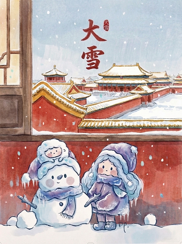 将图片中雪人和小孩衣物上蓝色和紫色部分的颜色稍微往暖色调方向调整一点点，仅微调颜色，不要改变整体构图、内容和风格，避免调整过多导致雪人和小孩融入背景，要保持二者的突出感