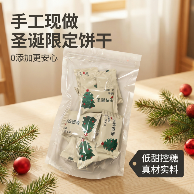 [主图 1] 圣诞限定手工饼干产品首图
[氛围/风格] 自然温馨圣诞氛围感，食欲感拉满，干净简约适合拼多多平台。
[画面元素] 原图产品包装整体居中展示，摆放自然错落，背景为温馨米白色木质桌面点缀少量预览效果
