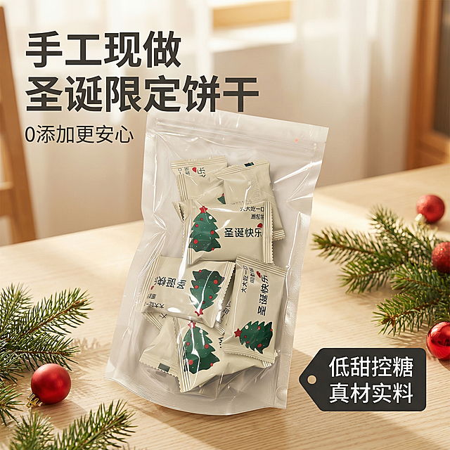 [主图 1] 圣诞限定手工饼干产品首图
[氛围/风格] 自然温馨圣诞氛围感，食欲感拉满，干净简约适合拼多多平台。
[画面元素] 原图产品包装整体居中展示，摆放自然错落，背景为温馨米白色木质桌面点缀少量松枝和红色圣诞球装饰，自然暖阳逆光，突出产品新鲜质感。保留原图产品外观完全一致。
[配色色系] 主色调：米白、原木色；辅助色：包装本身的绿色圣诞树、红色装饰，整体和谐清新。
[视角构图] 平视俯视结合，产品主体居中完整展示，无边框大图满铺构图。
[文字版式] 左上角主标题加粗大字 "手工现做 圣诞限定饼干"，副标题小字 "0添加更安心"，右下角悬浮卖点标签 "低甜控糖 真材实料"，字体为简洁无衬线体，深灰色字对比清晰不遮挡产品主体。
[比例分辨率] 1:1 比例，800*800像素，2k分辨率。
