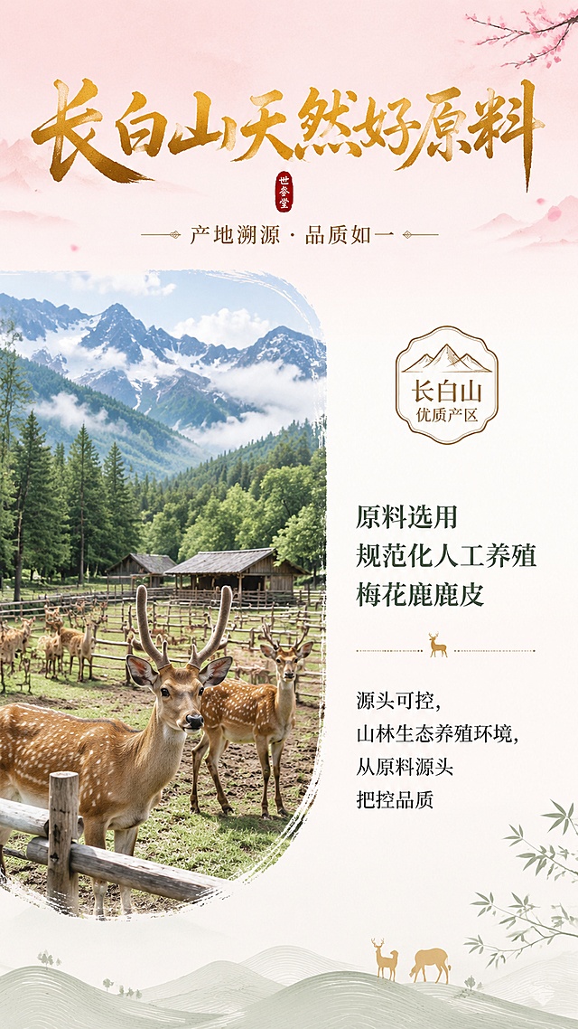 [第2屏] 长白山产地溯源详情页，介绍世参堂鹿胶糕原料产地。
[氛围/风格] 柔雾淡墨国风，自然清新氛围，干净通透排版。
[元素布局] 顶部大标题区，中部左侧展示长白山梅花鹿人工养殖场实景图，占屏约50%，右侧介绍文字信息，底部简约国风线条装饰；整体图文分区清晰，实景图放大突出展示。
[光影质感] 自然柔和光线，实景图清晰明亮，文字区域干净通透。
[配色色系] 全局底色 #f8e8ed，柔雾樱花粉淡墨背景，主色鎏金文字，辅助色淡墨绿色植物线条。
[视角构图] 左图右文竖向排版，阅读动线从上到下自然流畅。
[文字版式] 顶部主标题「长白山天然好原料」鎏金书法字体，正文文案：「原料选用规范化人工养殖梅花鹿鹿皮，源头可控，山林生态养殖环境，从原料源头把控品质」，文字清晰排版舒适，手机端可正常阅读。
[比例分辨率] 9:16竖版比例，4K分辨率，文字清晰可辨，高清画质。
[负向提示词] 实景图模糊，文字错乱，文字过小，背景杂乱，颜色偏差