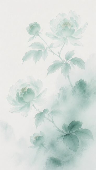 新中式水墨花卉，浅青绿色调，写意国画风格，淡雅空灵，花卉花枝，和参考图风格一致，不同的花卉布局构图预览效果
