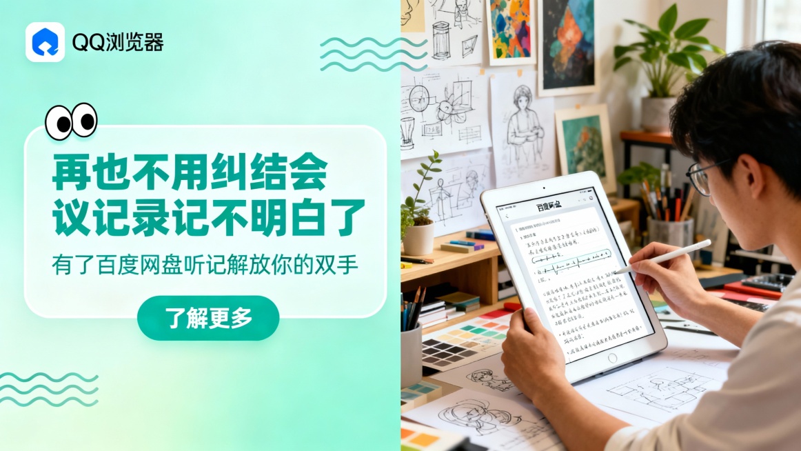 左侧浅青绿渐变背景，左上角QQ浏览器蓝白logo，卡通眼睛图标点缀白色边框文字区域，大号青绿色标题“再也不用纠结会议记录记不明白了”，下方青绿色“有了百度网盘听记解放你的双手”与“了解更多”按钮；右侧预览效果