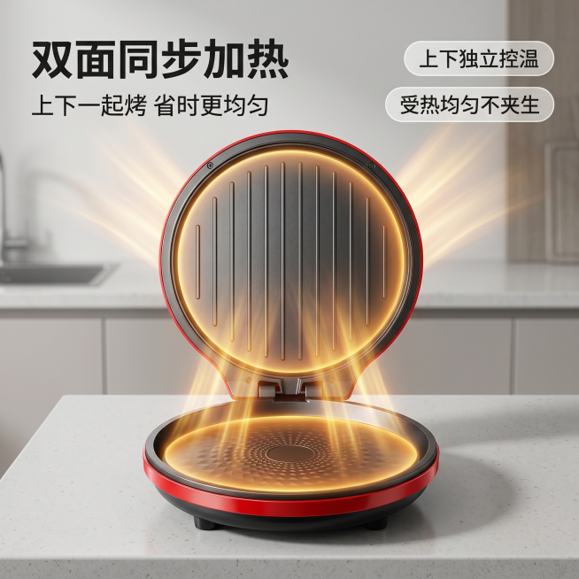 [主图-4] 万利达电饼铛双面加热卖点展示；氛围风格：科技功能展示风厨房场景；画质：商业摄影质感，光线柔和通透，产品清晰真实，画面干净高级；元素：电饼铛上下盘同时加热，用暖光光束可视化表现上下双面加热预览效果