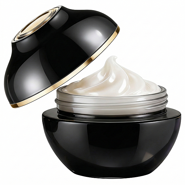 亚马逊面霜主图，纯白背景，产品占画面85%以上，无任何文字、水印、促销信息，侧逆光打光，突出黑色瓶身的光泽质感和面霜的柔润质地，清晰客观展示产品全貌