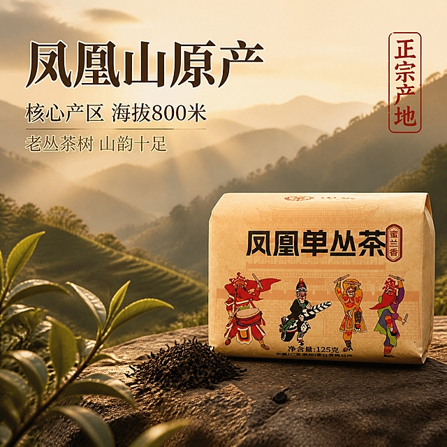[主图-2 产地溯源] 凤凰单丛茶蜜兰香 凤凰山产地溯源主图。
[统一基调] 国风新中式沉浸式氛围感 暖棕木色调 深褐主标题配米白描边 辅助文案细宋体 印章式强调字 整体暖光氤氲 禅意雅致。
[画面] 产品牛皮纸包装放置在画面右下 占比约40% 摆放在粗糙的岩石台面上 背景左半部分是虚化的凤凰山茶园远景 层层叠叠的茶山在晨雾中若隐若现 阳光从山坳间洒出丁达尔效应 前景有几片新鲜的茶树枝叶带嫩芽 包装旁边放一小撮深褐色干茶 整体体现产地正宗 高山云雾出好茶的意境。
[光影质感] 清晨山间薄雾柔光 暖金色晨光 产品包装光影自然 茶山有空气透视感 近实远虚 整体通透有层次。
[配色] 远山黛青 近景暖褐 茶汤金黄点缀 标题深褐 印章朱红 辅助字米白。
[文字版式] 画面左上主标题大字"凤凰山原产" 下方副标题"核心产区 海拔800米" 再下方小字"老丛茶树 山韵十足" 右上角竖排朱红印章"正宗产地" 文字集中在左上区域 不遮挡产品。
[输出要求] 800x800 1:1正方形 产品完整清晰不变形 文字清晰无错字 画面干净有氛围感 无水印无平台logo 禁止变形 禁止模糊。