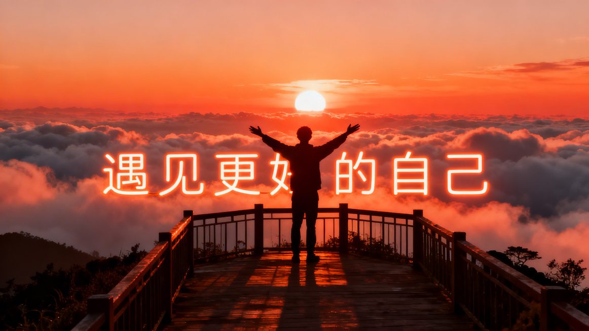 日出时分的山顶观景台，人物剪影张开双臂迎接阳光，翻滚云海中浮现出"遇见更好的自己"发光文字，橙红色暖调日出，开阔大气预览效果