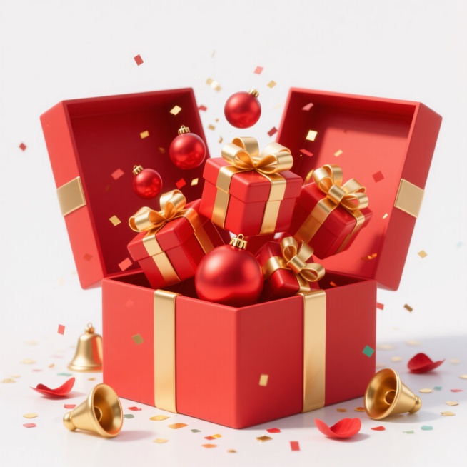 一个打开的红色礼盒，盒盖向两侧翻折，盒内涌出多个大小不一、装饰着金色缎带蝴蝶结的红色礼物盒和红色球形饰品，礼盒底部和周围散落着金色铃铛、红色花瓣和金色五彩纸屑，整体呈现出欢庆、惊喜的氛围，采用3D渲染技术，具有光滑的材质质感、明亮的高光和清晰的阴影，主色调为红色与金色的搭配，光线从上方照射，营造出立体感和华丽感，白色背景干净简洁，突出主体。预览效果