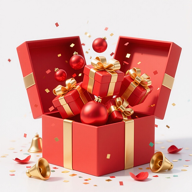 一个打开的红色礼盒，盒盖向两侧翻折，盒内涌出多个大小不一、装饰着金色缎带蝴蝶结的红色礼物盒和红色球形饰品，礼盒底部和周围散落着金色铃铛、红色花瓣和金色五彩纸屑，整体呈现出欢庆、惊喜的氛围，采用3D渲染技术，具有光滑的材质质感、明亮的高光和清晰的阴影，主色调为红色与金色的搭配，光线从上方照射，营造出立体感和华丽感，白色背景干净简洁，突出主体。