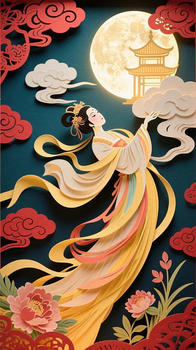 纸艺雕琢的嫦娥 构图很传统，色彩明艳