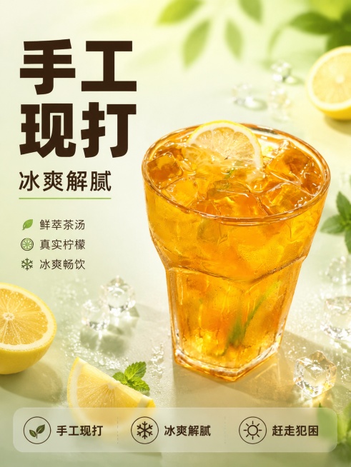 [单张主图] 手工柠檬冰红茶，爆款促销感主图，同时承担点击理解信任转化，突出冰爽醒神的商品卖点。[画面主体] 保持输入产品图中柠檬冰红茶的玻璃杯外观、颜色、冰块、柠檬片等结构细节绝对一致，杜绝任何变形预览效果