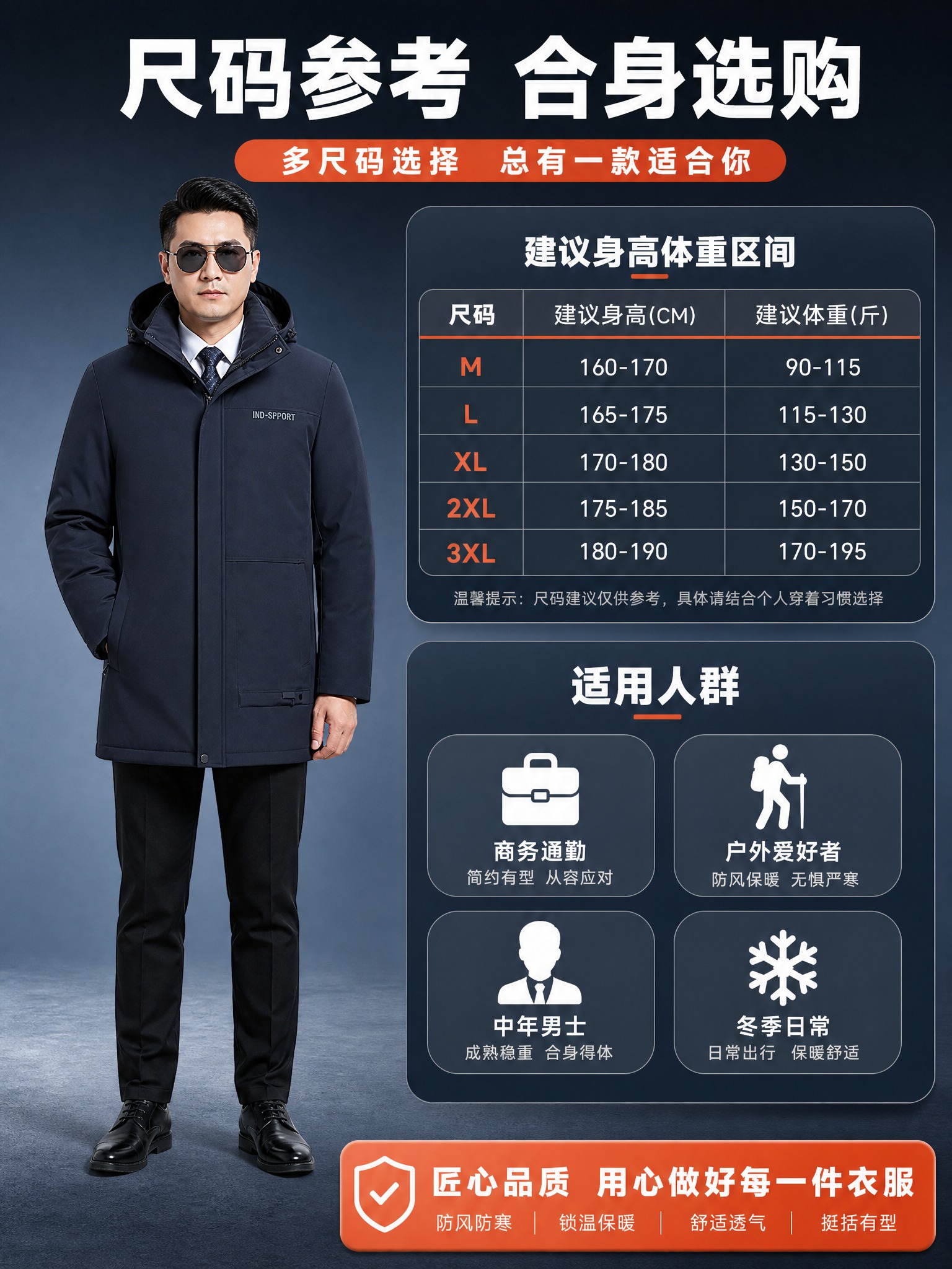 [主图-6] 藏青色老爷车男士中长款连帽棉服尺码与适用人群说明… - 图片创意预览