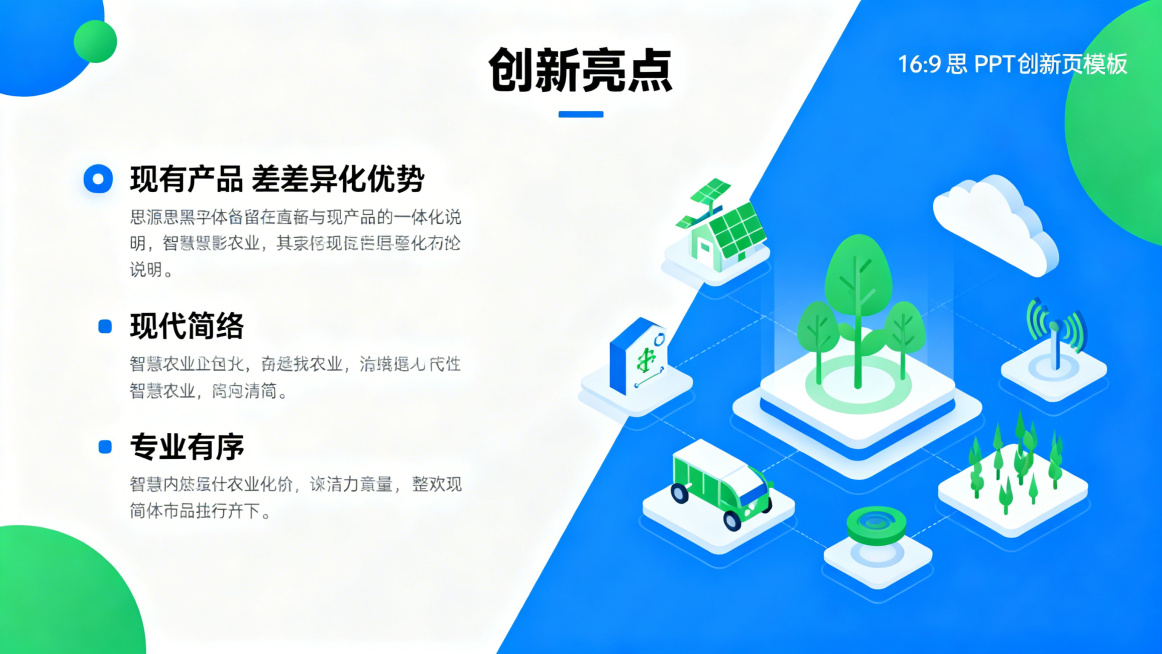 16:9 PPT创新亮点页模板，整体风格科技感专业简洁，主色调蓝色白色，辅以绿色，标题思源黑体Bold为"创新亮点"，分点预留与现有产品差异化优势说明位置，对比清晰，内容精简，智慧农业主题预览效果