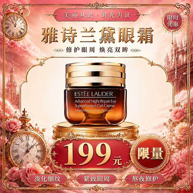 雅诗兰黛眼霜宣传海报，与图一相同的图片大小和素材风格，保留粉金欧式宫廷华丽风格完全一致：金色雕花边框、顶部横幅"美丽从此，时光为证"、右上角"限时优惠"圆形徽章、左右复古怀表、粉色玫瑰花海、梦幻城堡背景、整体玫瑰粉+香槟金色调全部保留不变。中间空白区域放入雅诗兰黛眼霜产品，100%还原上传图二的产品外形：琥珀色渐变玻璃瓶身、金色多层瓶盖、ESTEE LAUDER品牌名、Advanced Night Repair Eye Supercharged Gel-Creme英文、Synchronized Multi-Recovery字样，瓶身比例与标签布局完全一致，正面朝向，商品主体居中占比约45%，置于精致金色展台上。产品上方主标题大字为"雅诗兰黛眼霜"，金色立体字，下方副标题"修护眼周 焕亮双眸"。产品下方为超醒目的价格区，"199元"超大字号特别突出，金色立体字配红底金纹雕花底框，视觉冲击力极强，是画面最醒目焦点。价格右侧紧邻一个同样突出的"限量"徽章，红底金边圆形或盾形标签，"限量"二字加粗放大，与价格同等醒目程度。底部三个卖点标签："淡化细纹"、"紧致眼周"、"熬夜修护"。画面中所有数字必须精确渲染，不得错位、遗漏或编造。画面中所有信息区域必须填充完整合理的内容，不得出现空白框。版式精美，文字清晰可读。