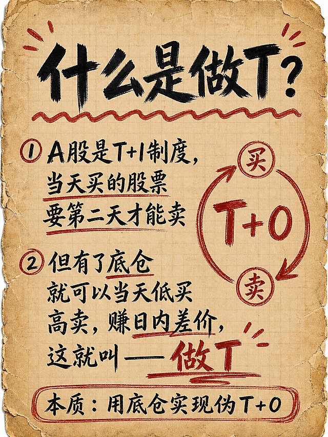 复古做旧牛皮纸背景，带有淡淡的方格线，纸张边缘有撕裂磨损效果，手绘毛笔书法风格。顶部大标题用粗黑毛笔字写"什么是做T？"，下方红色波浪线装饰。正文内容分两段手写风格文字：第一段"A股是T+1制度，当天买的股票要第二天才能卖"，第二段"但有了底仓就可以当天低买高卖，赚日内差价，这就叫——做T"。旁边画一个手绘的T+0循环箭头示意图，红色墨水手绘风格。底部小字"本质：用底仓实现伪T+0"。整体红黑配色，手写笔记感，竖版构图