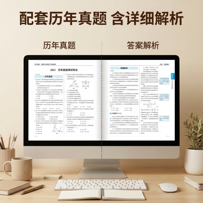 [主图主题] 备考真题题库细节展示
[氛围/风格] 温馨专业，学习氛围感，温馨感
[画面元素] 拆分展示电子资料的内容模块，左侧展示历年真题页面，右侧展示答案解析部分，两部分自然拼接，光影统一，背景为预览效果