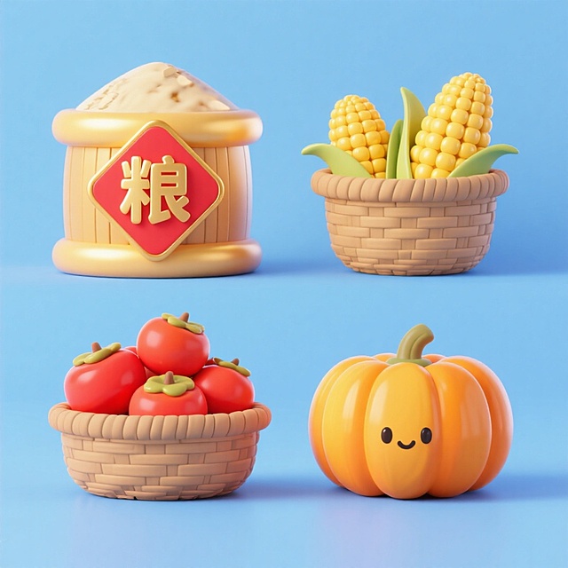 4个中秋素材组合，可爱电商促销感。素材包括：第一个粮仓（贴着带有 “粮” 字的红色菱形福字）；第二个一筐玉米；第三个一筐柿子；第四个南瓜。画面整体呈现鲜艳效果，淡蓝色背景。上下两行，排列整齐