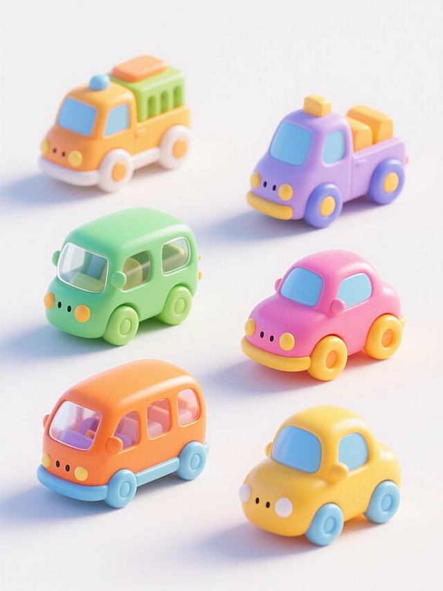 3D卡通风格，六个不同配色、不同材质、不同样式的交通工具元素，排列整齐，白色背景，圆润可爱的造型，鲜艳明亮的色彩，光滑的塑料质感，部分带有透明光泽，每个交通工具都有独特的设计细节，整体呈现出活泼欢快的氛围，具有儿童玩具般的萌系感，光影柔和，边缘清晰，无阴影，简洁干净的视觉效果。