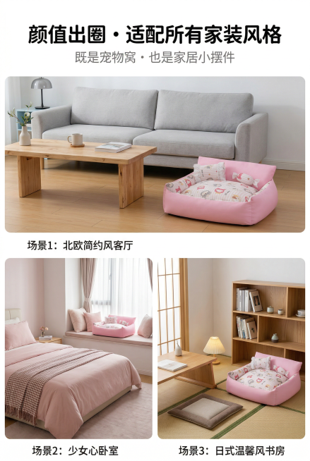 电商详情页第十屏，资深杂志风排版设计，画面高级有美感，整体风格统一无割裂感。核心展示嬉引力糖果窝的家居适配性，严格还原产品的所有细节，产品比例1:1，在不同场景中大小协调。采用杂志风三分式网格布局，分预览效果