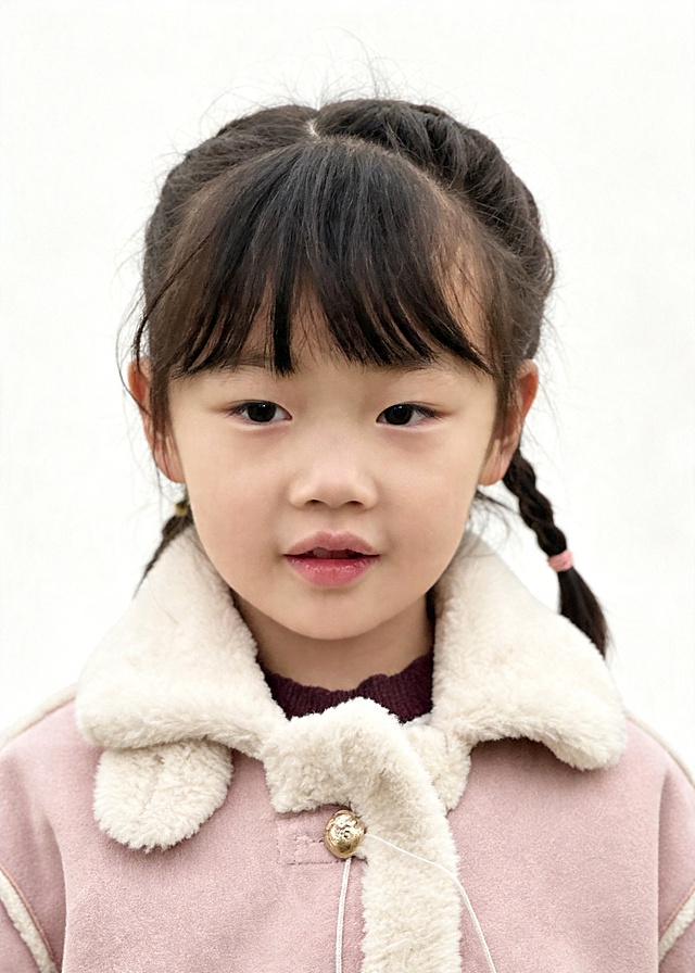 保留第一张图中人物发型､脸型､年龄特征生成标准样式纯正面儿童证件照;人物主体严格居中,头部大小与位置严格对齐第二张图,双肩水平平衡,面部中轴线对齐画面中心,正视前方;标准儿童证件照构图,人物绝对居中,头顶上方距离上边缘高度10%,下巴距离画面下边缘高度36%,人物主体占比约72%;肩部平展与画面水平轴平行;头部占比严格对齐第二张图;提亮肤色,消除暗沉,清透裸妆,隐形毛孔,均匀肤色,唇色自然提亮;肤色白皙细腻,原生轻透肤质;眼神澄澈,看向镜头,气质自信,嘴角微微上扬表情自然;耳廓可见度一致;肩部平展,肩线与画面水平轴平行;头肩比例协调呈现;免冠,不戴帽子,无头饰,无发带,不戴眼镜,无胡子,面部无痣,消除面部瑕疵;去除胸前装饰线,不遮挡眉毛,整洁,发色自然;柔和正面顺光均匀柔光,面部明亮无硬影,背景均匀提亮,画质清晰,零噪点降噪;面部清晰;背景亮度均匀统一;高清锐利画质,细节清晰可见;零噪点处理;色彩还原自然;均匀柔和布光,无明显阴影,面部光影干净,柔光正面打光,自然光影过渡,皮肤质感细腻,哑光质感;标准焦段50mm,纯正面,入境范围头部至胸部以上区域,F/4光圈(兼容F/2.8-F/4区间),平视视角(镜头与人物视线完全齐平);正视视图;人物绝对居中(居中构图),位于画面中心;严格限定标准证件照规格;视线水平(瞳孔连线与画面水平线平行);双耳对称露出,双肩水平且平衡,头部占比严格对齐垫图,禁止大头照(画面铺满画布,无边框留白);专业证件照质感,高清人像质感,细腻皮肤纹理,严格按照第一张图内容生成,分辨率4K;身着粉色翻领羊羔毛拼接外套，内搭酒红色打底毛衣；极简纯白色背景，去除右下角水印，画面比例5:7