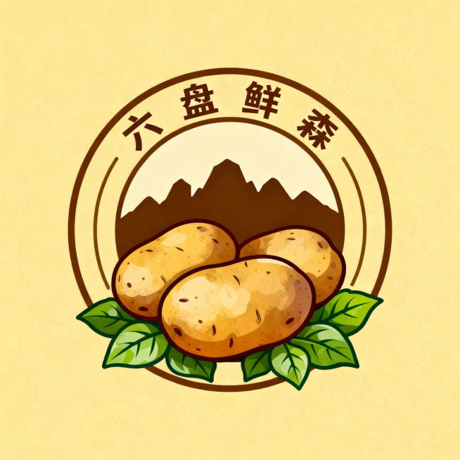 圆形徽章Logo设计，六盘鲜森马铃薯品牌，外圈环绕品牌文字"六盘鲜森"，内圈中心为土豆，土豆上方是简约六座六盘山剪影，底部点缀新鲜绿叶，大地暖黄色调，乡村自然风格，扁平化矢量logo，简约干净预览效果