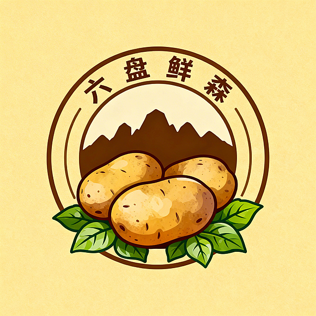 圆形徽章Logo设计，六盘鲜森马铃薯品牌，外圈环绕品牌文字"六盘鲜森"，内圈中心为土豆，土豆上方是简约六座六盘山剪影，底部点缀新鲜绿叶，大地暖黄色调，乡村自然风格，扁平化矢量logo，简约干净