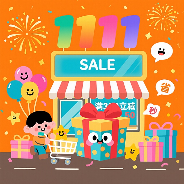 暖橙色背景卡通风格双11促销插画，中央是礼盒造型可爱店铺，顶部系大红蝴蝶结，店铺屏幕显示“SALE”，下方标注“满300立减50”。上方有渐变色彩“1111”气球和彩色笑脸气球群，左侧是推购物车的Q版卡通人物，周围点缀带笑脸的星星、粉色礼盒、“秒”“省”字样气泡元素，背景有烟花和金色闪光粒子，整体氛围热闹欢快，充满童趣与促销感。