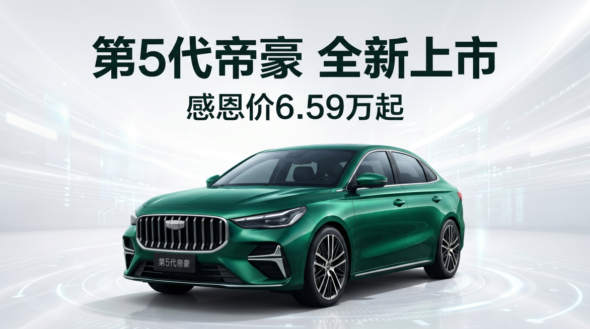 将吉利第5代帝豪汽车放在画面中央偏下，占据约2/3高度，上方留出空白区域用于放置标题文字，整体比例16:9，顶部预留空间放置白色浅灰色无衬线字体大标题"第5代帝豪 全新上市"，下方加副标题"感恩价6.预览效果