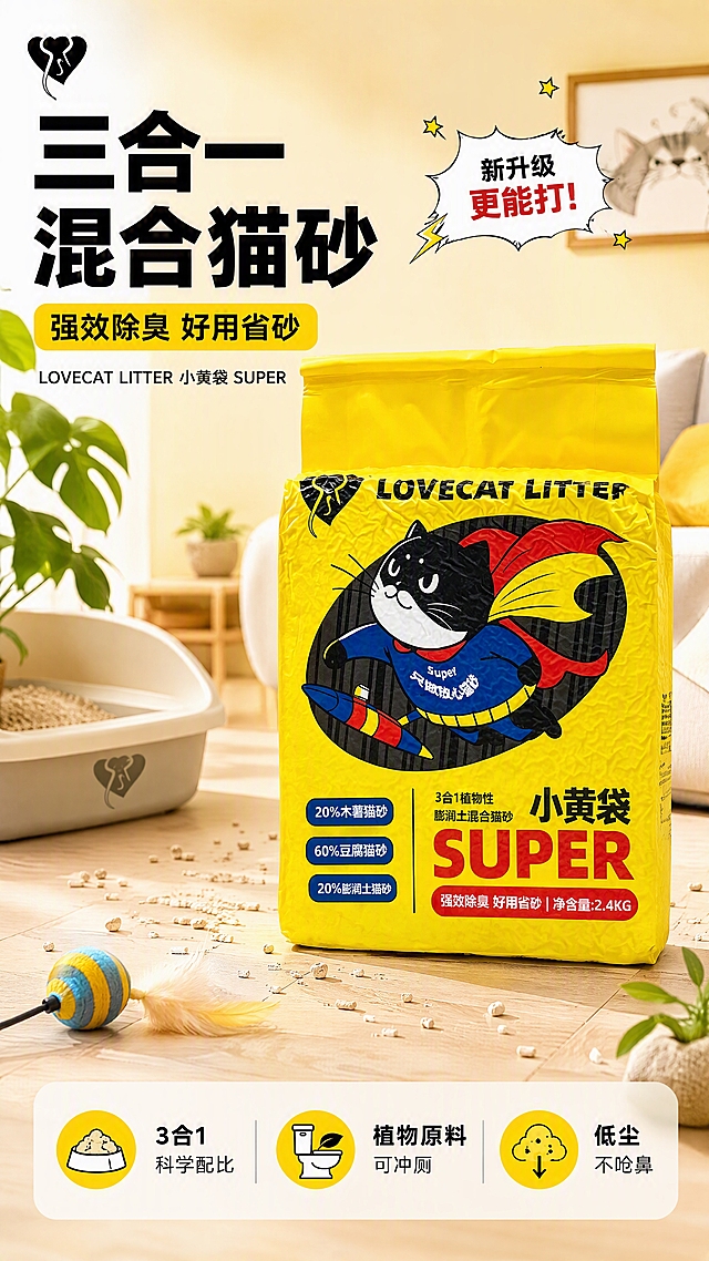 [第1张] 详情页头图主视觉-LOVECAT LITTER小黄袋SUPER 3合1植物性膨润土混合猫砂新品宣传海报。本张使用【图1】作为商品主体。
[氛围/风格] 明亮活泼宠物用品风，温馨居家场景+商业摄影质感，卡通超人猫IP元素点缀，年轻有活力。
[元素布局] 猫砂袋置于画面中右侧，占比约55%-60%，正面展示，包装完整清晰；左侧为标题区；底部是浅色木质地板，背景为温馨的居家客厅一角，有猫砂盆、逗猫棒、小绿植等宠物生活元素；前景散落少量猫砂颗粒增加真实感；产品包装颜色、图案、文字与输入图完全一致，不得变形错乱。
[光影质感] 左上方柔和自然光，右侧辅光补亮，底部自然投影，整体明亮通透，包装材质褶皱质感清晰。
[配色色系] 全局底色 #FFF4D6（暖米黄）；主色明黄 #FFD400；辅助色深蓝 #1A3C8E、红色 #E63946；点缀色白色。
[视角构图] 正面微仰视，产品为视觉中心，阅读动线左上标题 → 右侧产品 → 底部信息条。
[文字版式] 版式为左上大标题 + 右侧产品 + 底部信息条。主标题「三合一混合猫砂」，副标题「强效除臭 好用省砂」，粗黑体左对齐；标题下方小字「LOVECAT LITTER 小黄袋 SUPER」；底部信息条三个卖点胶囊：「3合1科学配比」「植物原料可冲厕」「低尘不呛鼻」；文字不遮挡产品主体。
[比例分辨率] 9:16 竖版比例，4K 分辨率，文字清晰可辨，高清画质。
[负向提示词] 包装变形，文字错乱，缺件错件，颜色偏差，水印，产品图模糊，背景杂乱，极限词。