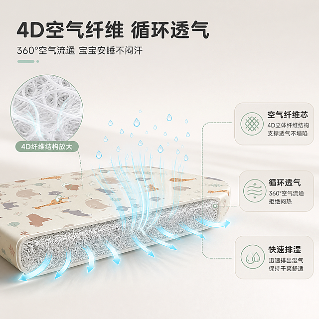 [主图-2] 4D空气纤维婴儿床垫 透气功能机理可视化 核心卖点展示
[统一基调] 简约大气品牌化风格 奶油白+浅原木色主色 浅薄荷绿辅助色 圆润无衬线黑体 圆角轻量卡片 细引线图标 干净通透柔光 1688 B端专业感
[画面] 4D空气纤维婴儿床垫横向放置画面中央 侧面做剖面透视效果 展示内部4D空气纤维结构 无数细小空气通道贯穿床垫 用浅蓝色流线型箭头表示空气从床垫表面流入 从侧面流出的透气路径 床垫上方有细密的水滴图标表示湿气排出 床垫表面保留原有的米白底动物印花图案 左侧放大展示纤维结构微距特写圆框 右侧三个功能点用细引线连接对应结构
[光影质感] 商业产品摄影质感 柔和均匀棚拍光 剖面边缘清晰 纤维结构有立体层次感 空气流线有通透发光感 整体干净科技感但不失温和
[配色] 浅灰白背景 浅薄荷绿透气流线 天蓝色水滴图标 深灰棕色文字 保持与首图一致的暖调柔和色系
[文字版式] 顶部大标题"4D空气纤维 循环透气" 副标题"360°空气流通 宝宝安睡不闷汗" 右侧三个圆角短标签分别写"空气纤维芯" "循环透气" "快速排湿" 左侧微距圆框下方标注"4D纤维结构放大" 圆润黑体 标题粗体 文字放在负空间不遮挡主体
[输出要求] 1:1正方形 2K分辨率 产品外观与原图一致 剖面机理清晰 文字清晰无错字 无水印无平台Logo 简约专业