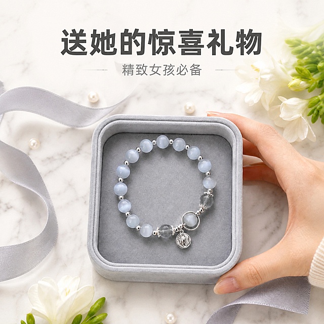 在画面顶部添加文字，主标题大字"送她的惊喜礼物"，粗体深灰色，居中排列；副标题"精致女孩必备"，小号浅灰色，在主标题下方居中。保持手串、首饰盒、手部、丝带、花朵、大理石背景等所有主体内容和构图完全不变，文字放在顶部负空间不遮挡主体，整体风格统一高级，文字清晰可辨