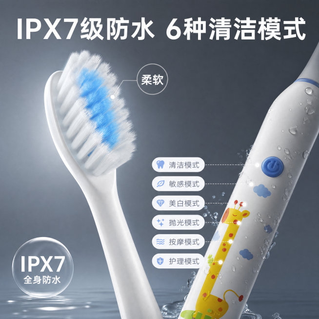 [主图-3] 儿童电动牙刷细节特写，放大刷毛区域标注柔软，搭配防水和模式细节，顶部大字'IPX7级防水 6种清洁模式'，1:1，4K，清晰特写。预览效果