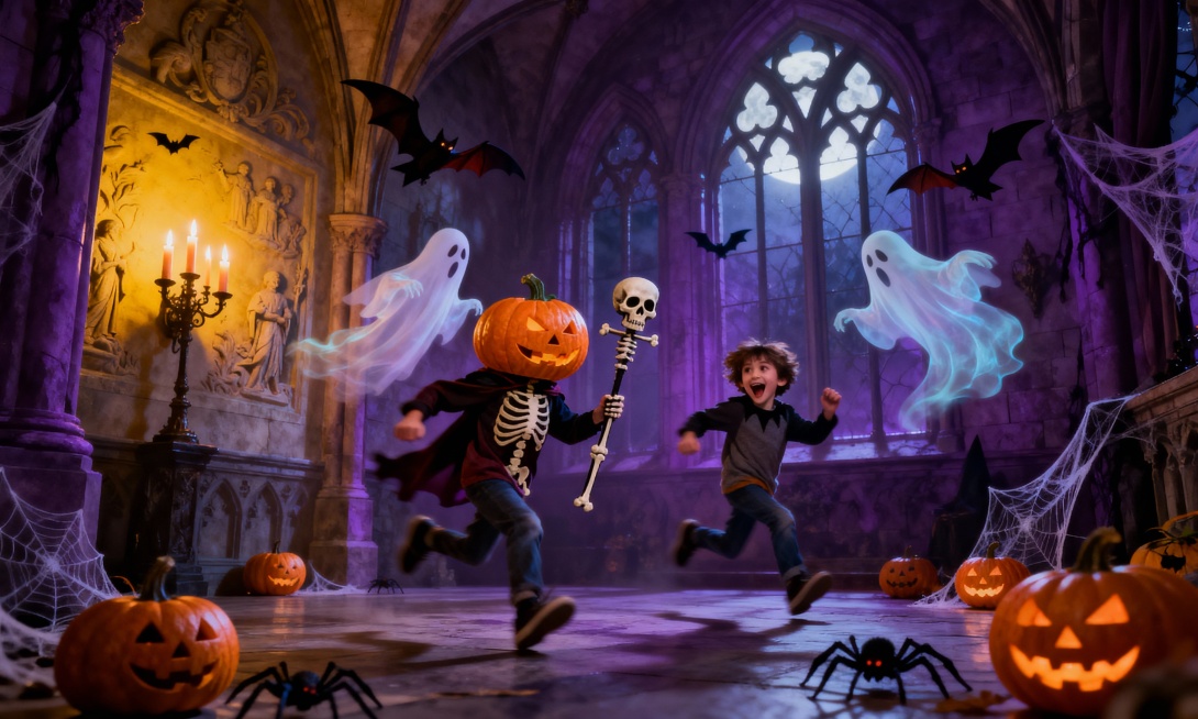 两个戴着南瓜头套的小孩在哥特式城堡大厅里扮鬼吓唬对方，周围有幽灵、蝙蝠等万圣节装饰，昏暗的烛光氛围，神秘欢乐的节日场景预览效果