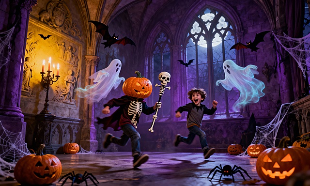 两个戴着南瓜头套的小孩在哥特式城堡大厅里扮鬼吓唬对方，周围有幽灵、蝙蝠等万圣节装饰，昏暗的烛光氛围，神秘欢乐的节日场景