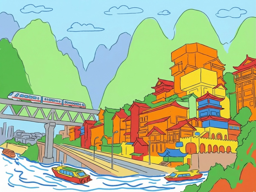 改为儿童简笔画风格，符合小学生画画水平，线条简单稚拙，色彩平涂明亮，造型夸张可爱，大幅简化建筑细节，仅保留轮廓感的吊脚楼、轻轨、江水、山峰核心元素，去除复杂的科技装饰和精细纹理，整体简单童趣预览效果