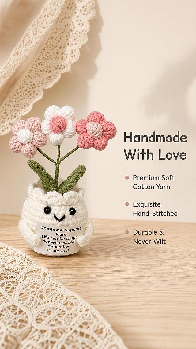 [第2屏] 核心卖点展示页，突出手工钩织工艺特点。本屏使用【图1】作为商品主体。
[氛围/风格] 简约真实质感，干净通透，突出手工细节温度
[元素布局] 产品主体放置在画面左侧，占比约50%；右侧为文字卖点区域，左侧保留原木桌面纹理背景，添加浅棕色蕾丝花边做软装饰；保持产品外观与原图一致。
[光影质感] 均匀柔和侧光，突出毛线编织纹理，阴影自然柔和，明暗层次清晰
[配色色系] 全局底色 #f5f0eb，主色原木浅棕，辅助浅粉产品色，文字深灰
[视角构图] 左侧产品+右侧文字分割构图，正面平视，稳定自然
[文字版式] 顶部主标题 "Handmade With Love"，下方三个卖点 bullet points： 1. Premium Soft Cotton Yarn 2. Exquisite Hand-Stitched 3. Durable & Never Wilt；文字左对齐排版，圆润无衬线字体，清晰不拥挤，不遮挡产品主体
[比例分辨率] 9:16竖版比例，4K分辨率，文字清晰可辨，高清画质
[负向提示词] 产品结构变形，毛线纹理模糊，文字错乱，颜色偏差，水印，背景杂乱