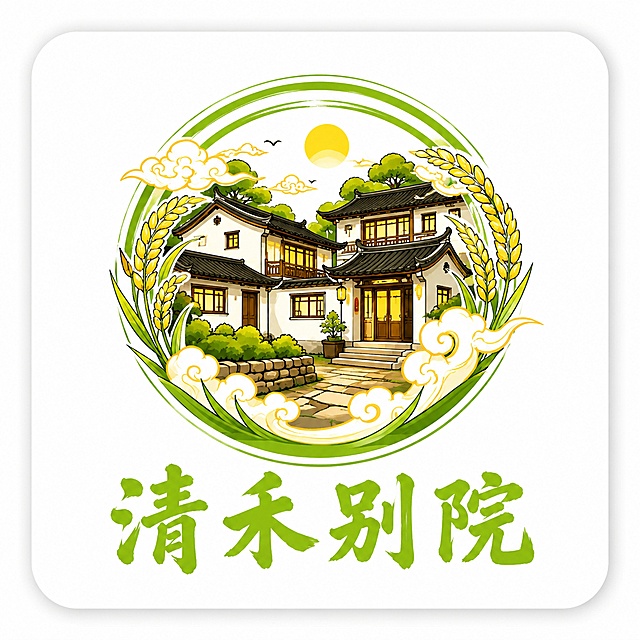 漫画风格民宿logo设计，圆形构图，带透明圆角的方形卡片式设计（非透明背景）。主色调为#A3C614（青绿色），搭配白色和暖黄色。画面中央是一个圆形徽章式logo，内部是漫画风格的中式民宿建筑剪影，有屋檐、窗户、台阶，周围环绕稻穗和祥云图案，充满民俗韵味。圆形徽章下方是主标题"清禾别院"四个大字，采用手写漫画风格字体，颜色为#A3C614，字间距舒适。背景为纯白色，四周有透明圆角边框（圆角半径较大，卡片悬浮感），非透明背景。整体以民俗民宿为主题，徽章式设计，漫画插画风格，简洁易识别，色彩明快。画面中所有文字必须精确渲染，不得错位、遗漏或编造。